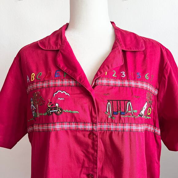 Bobbie Brooks Red Teacher‎ Embroidered Shirt, Whimsical Retro Vintage 14W/18W - Picture 2 of 5